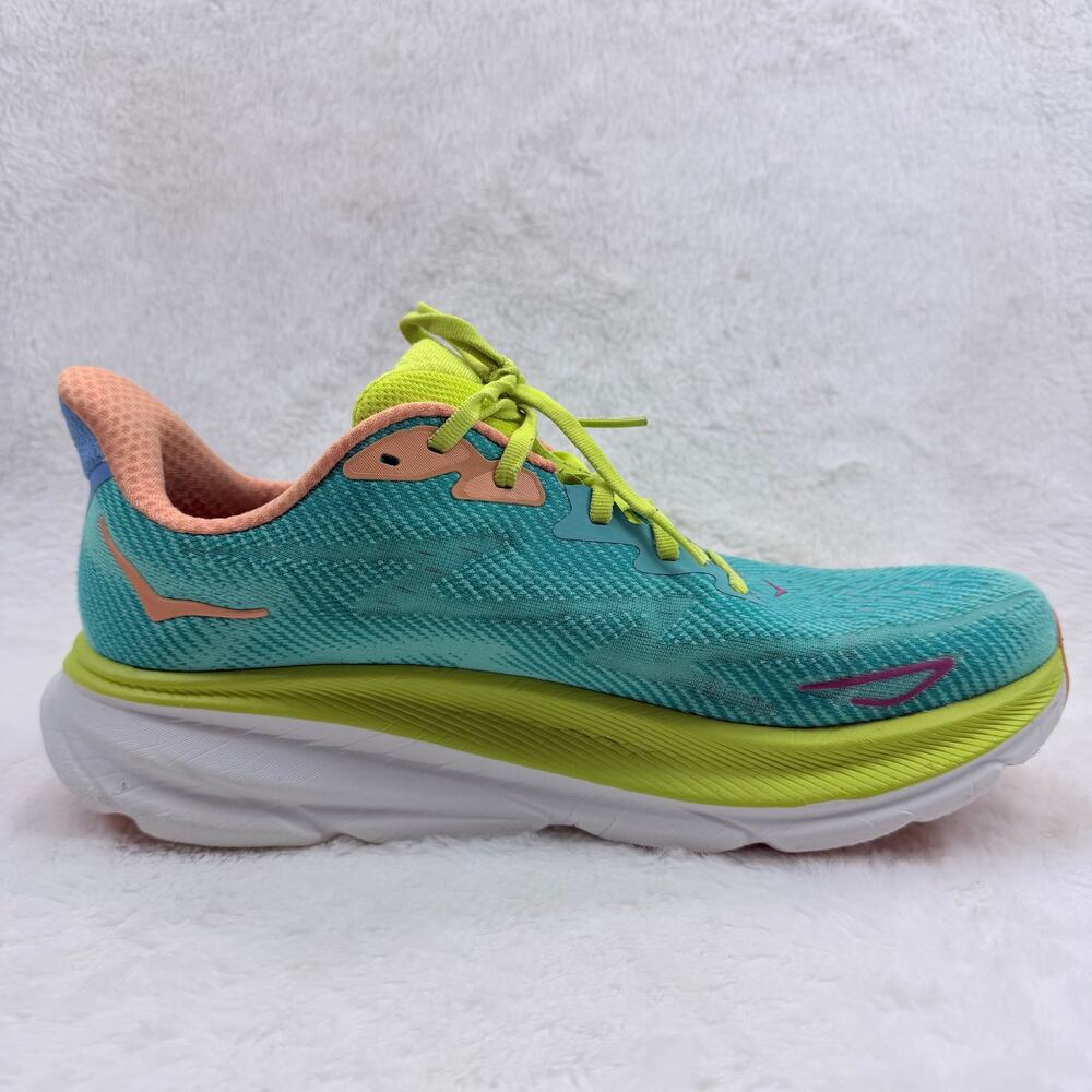 HOKA Clifton 9 Mens Running Shoes Blue Green Pink Size 10 D Athletic Sneaker